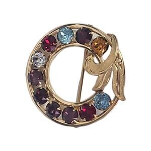 Vintage Brooch Van Dell  12k 1/20th Gold Fill Metal Rose w Multicolor Stones